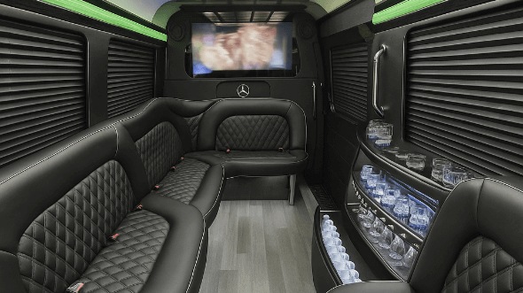 Interior of Charter Bus Company Peoria's 14 Passenger Sprinter Limousine in Peoria